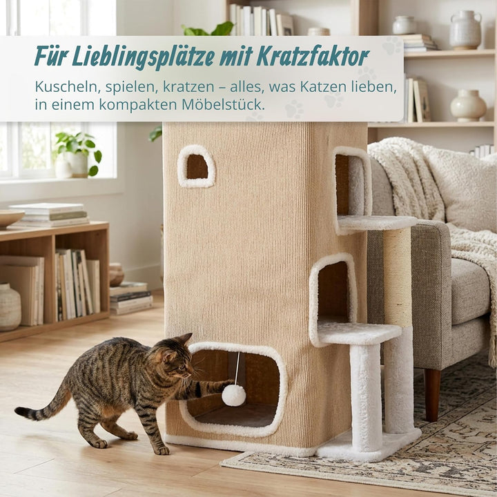 Relaxdays Katzenhaus 3-stöckig, Katzenhöhle mit Ball &amp; Kratzbaum, beige | HxBxT: 83,5x43x34 cm, Tier