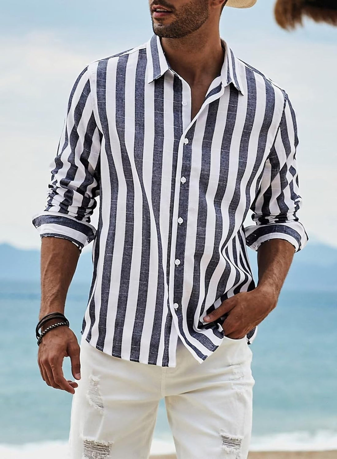 Meilicloth Herren Hemd Langarm Sommer Gestreifte Freizeithemden Casual mit Knöpfen Regular Fit S A N