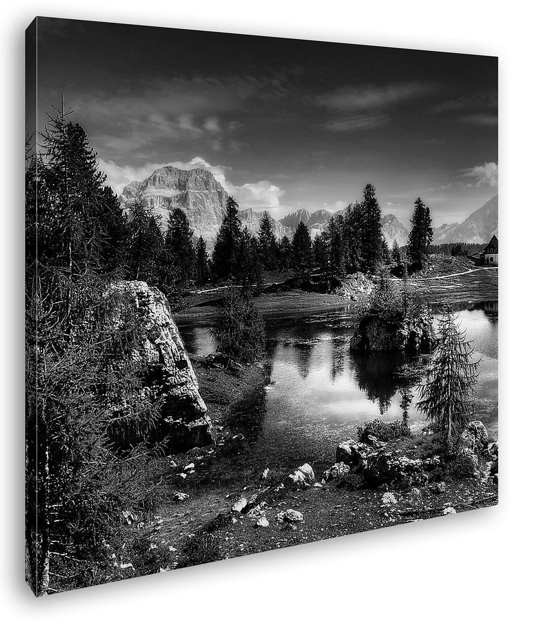 deyoli Holzhütte am klarem See Format: 70x70 Effekt: Schwarz&Weiss als Leinwandbild, Motiv fertig ge