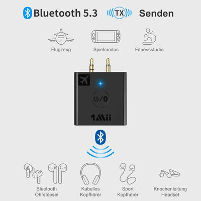 1Mii Flugzeug Bluetooth 5.3 Adapter für Kopfhörer, 30Hrs Spielzeit Drahtlos Audio Transmitter mit La