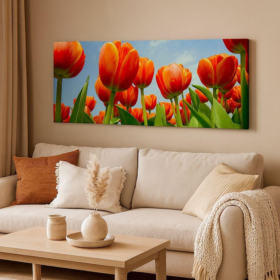 Panorama Bilder auf Leinwand 100x40cm Leinwandbild Tulpe Blume blauer Himmel Gross Wanddeko Bild Sch
