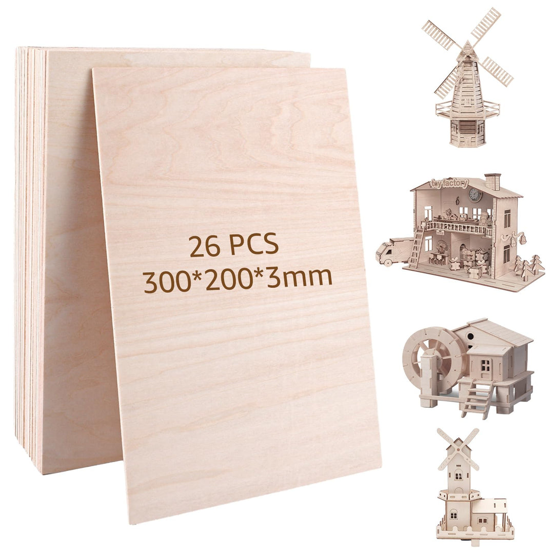 DAJAVE 26 Stück holzplatte A4 Sperrholz 3mm, 300x200x3mm Sperrholzplatte 3mm Holzplatten zum Basteln