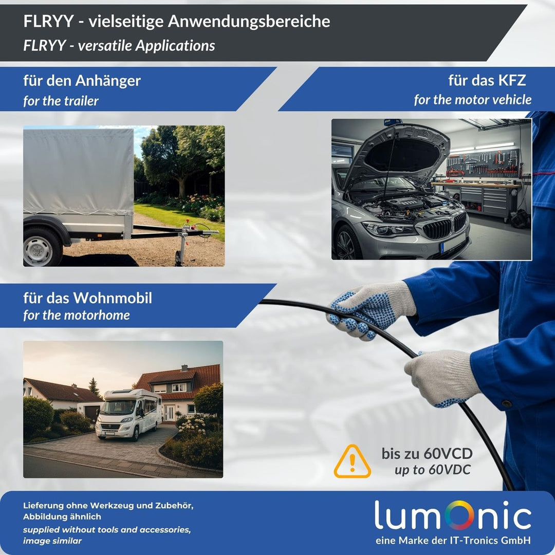 10m Lumonic 1m FLRYY Fahrzeugkabel 2 adrig I Fahrzeugleitung mit Kabelquerschnitt 2x 2,5mm² I Kabel