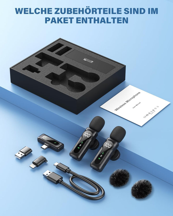 Newmight Kabelloses Lavalier-Mikrofon Dual Set - Plug & Play Clip-on Mic mit Auto Pairing, Magnetisc