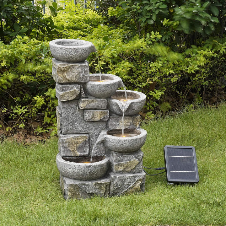 Solar-Wasserbrunnen für den Garten aus Stein mit Ornamenten und LEDs PT-SF0003