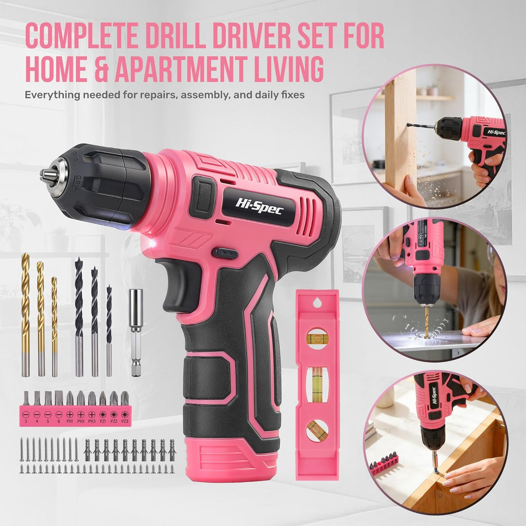 Hi-Spec 8V Akku-Schrauber Set in Pink mit USB-Ladefunktion – Kompakter, kabelloser Elektro-Schrauber