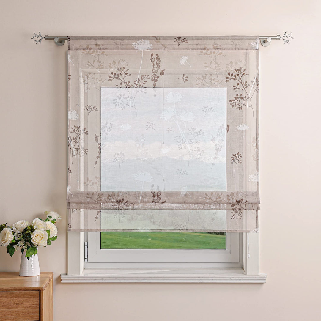 Delien Raffrollo Leinenoptik Transparente Rollos Landhaus Küche Gardine Modern Raffgardine mit Blume