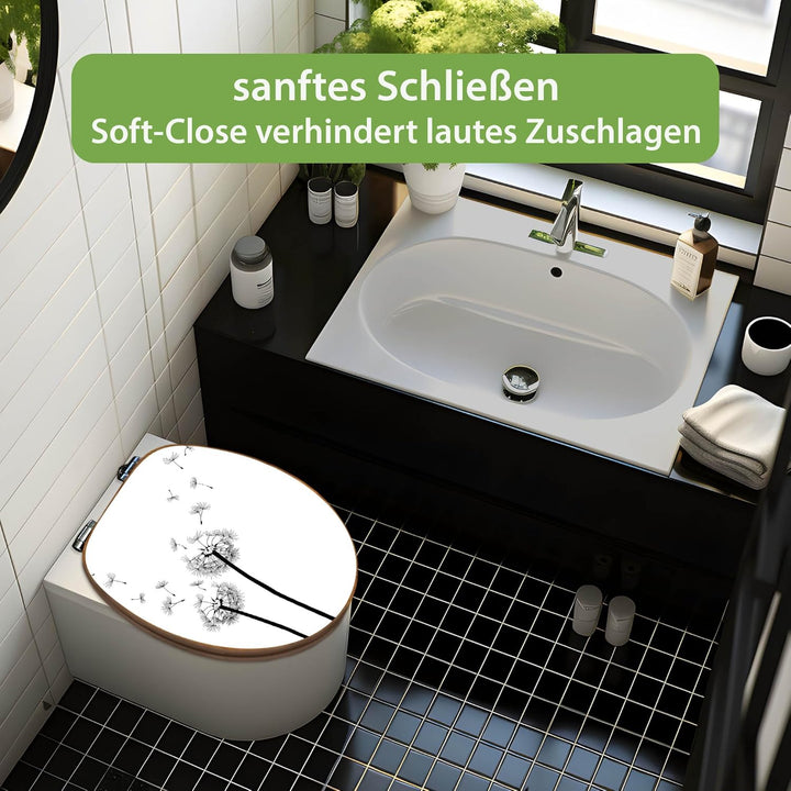 banjado® Design WC Sitz Bambus Absenkautomatik mit Motiv Pusteblume 2 / Toilettendeckel mit Absenkau