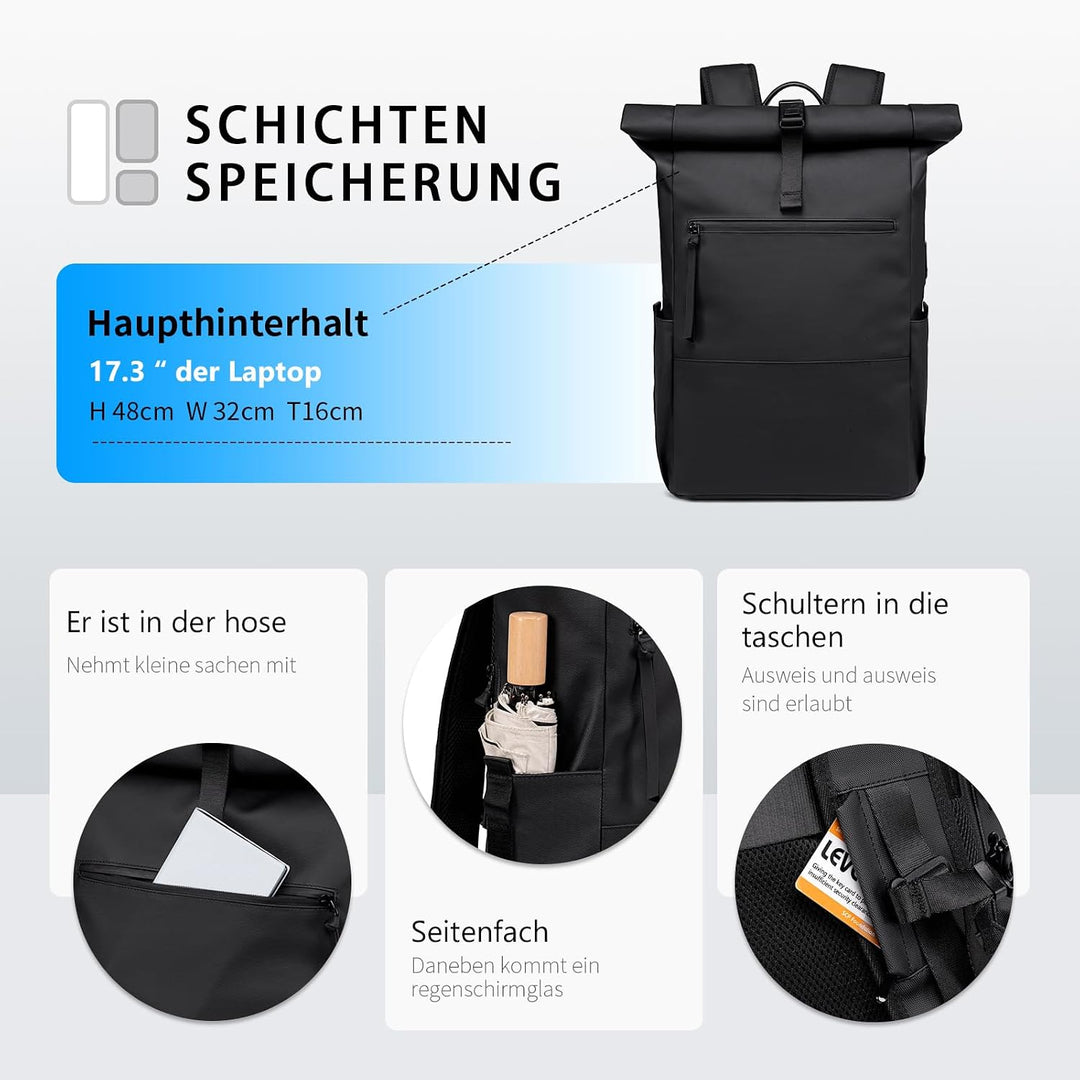 Rolltop Rucksack Damen Herren Grosser Laptop Rucksack Wasserdichter mit Computerfach 16 Zoll Rucksäc
