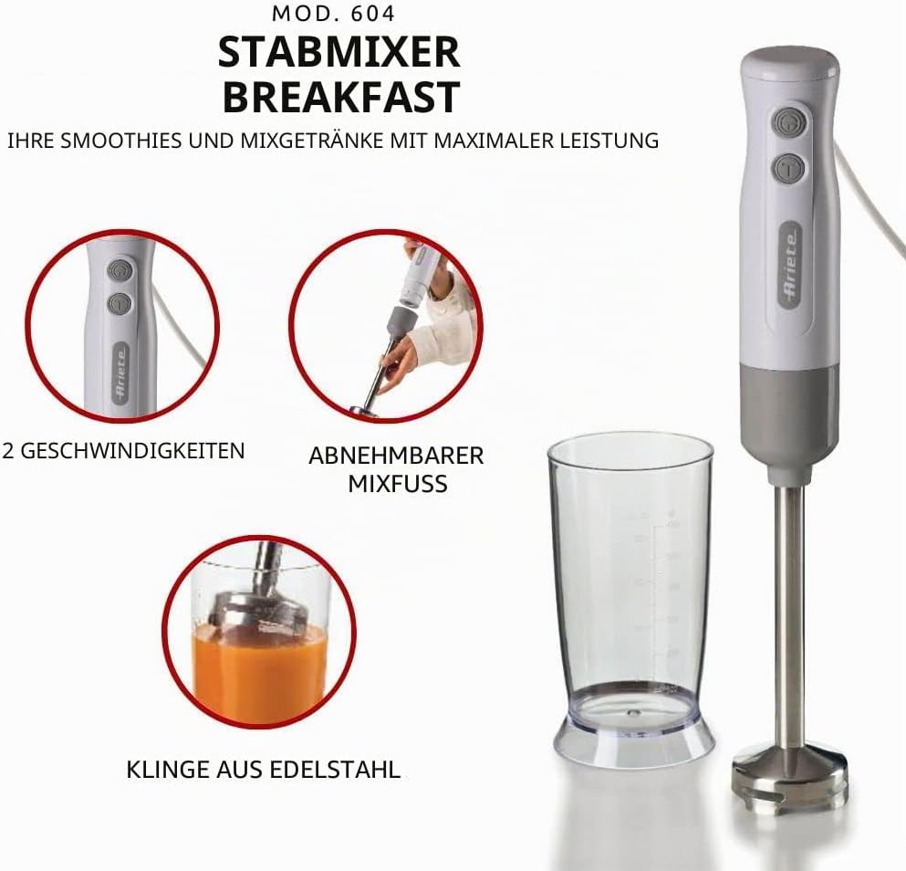Ariete Breakfast 604 Stabmixer, Mini-Pürierstab mit 2 Geschwindigkeiten, Edelstahlklinge, Abnehmbare