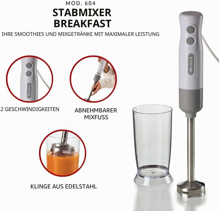 Ariete Breakfast 604 Stabmixer, Mini-Pürierstab mit 2 Geschwindigkeiten, Edelstahlklinge, Abnehmbare