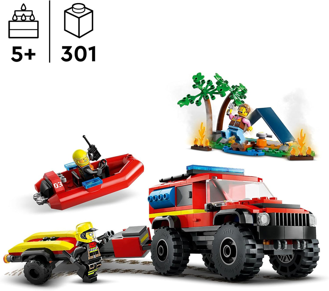 LEGO City Feuerwehrgeländewagen mit Rettungsboot, Offroad-Auto-Spielzeug für Kinder ab 5 Jahren, Ret
