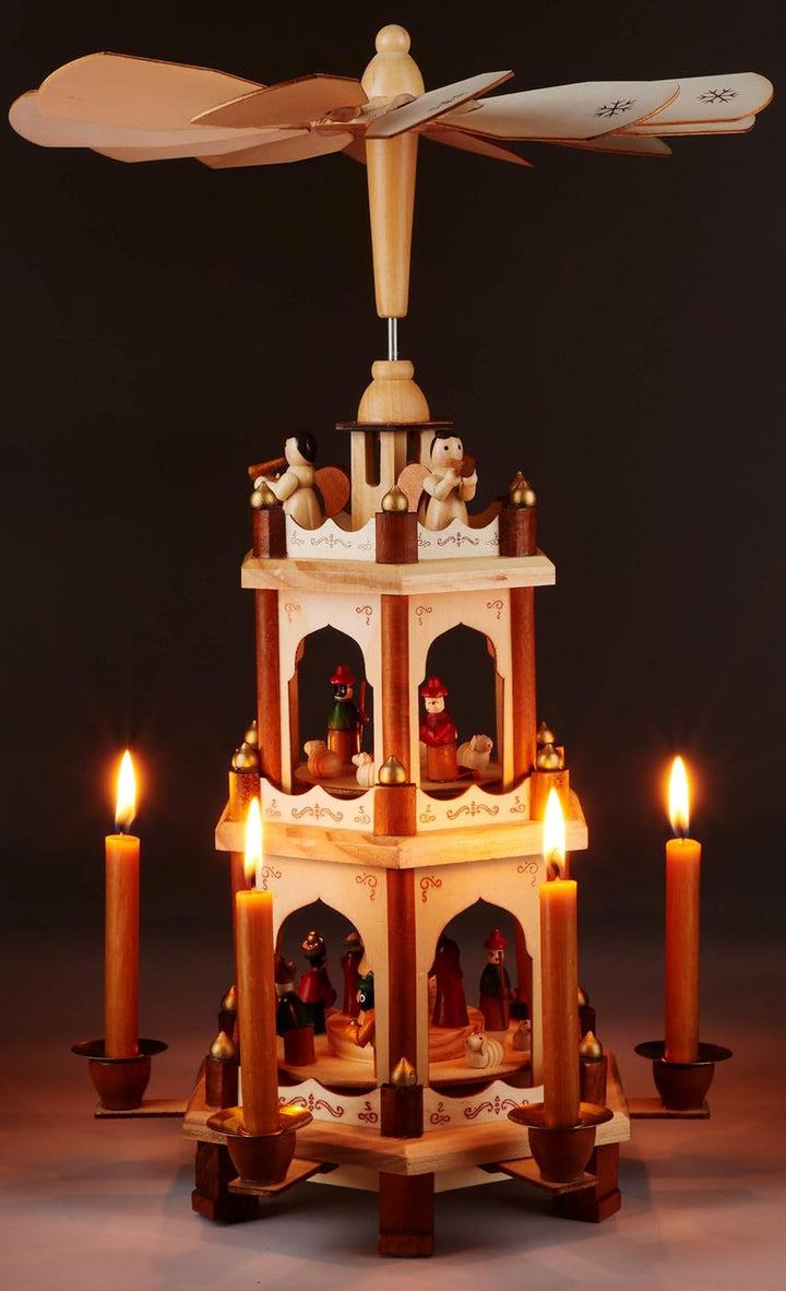 Brubaker Weihnachtspyramide Holzpyramide - Natur - 3 Etagen - 45 cm Höhe - handbemalte Figuren Natur