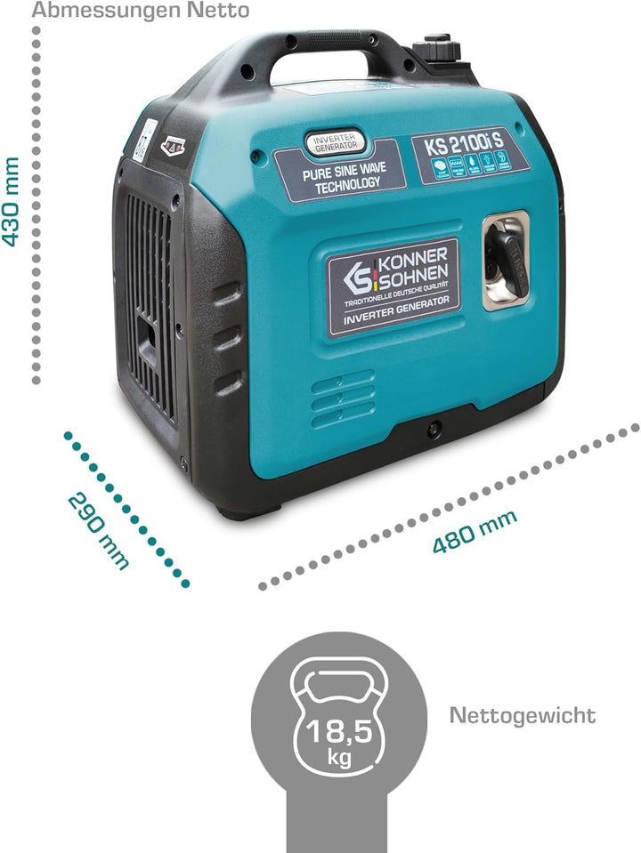 Inverter-Generator KS 2100i S von Könner & Söhnen. Stromerzeuger benzin 2000 W, Schuko-Steckdose 230