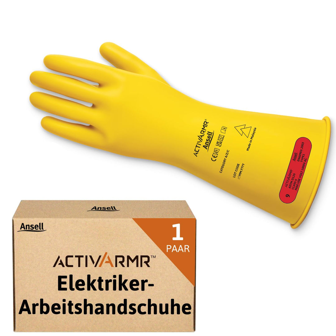 Ansell ActivArmr Elektriker-Schutzhandschuhe, Elektroschutz Klass 0 (1000V), Elektrisch Isolierende