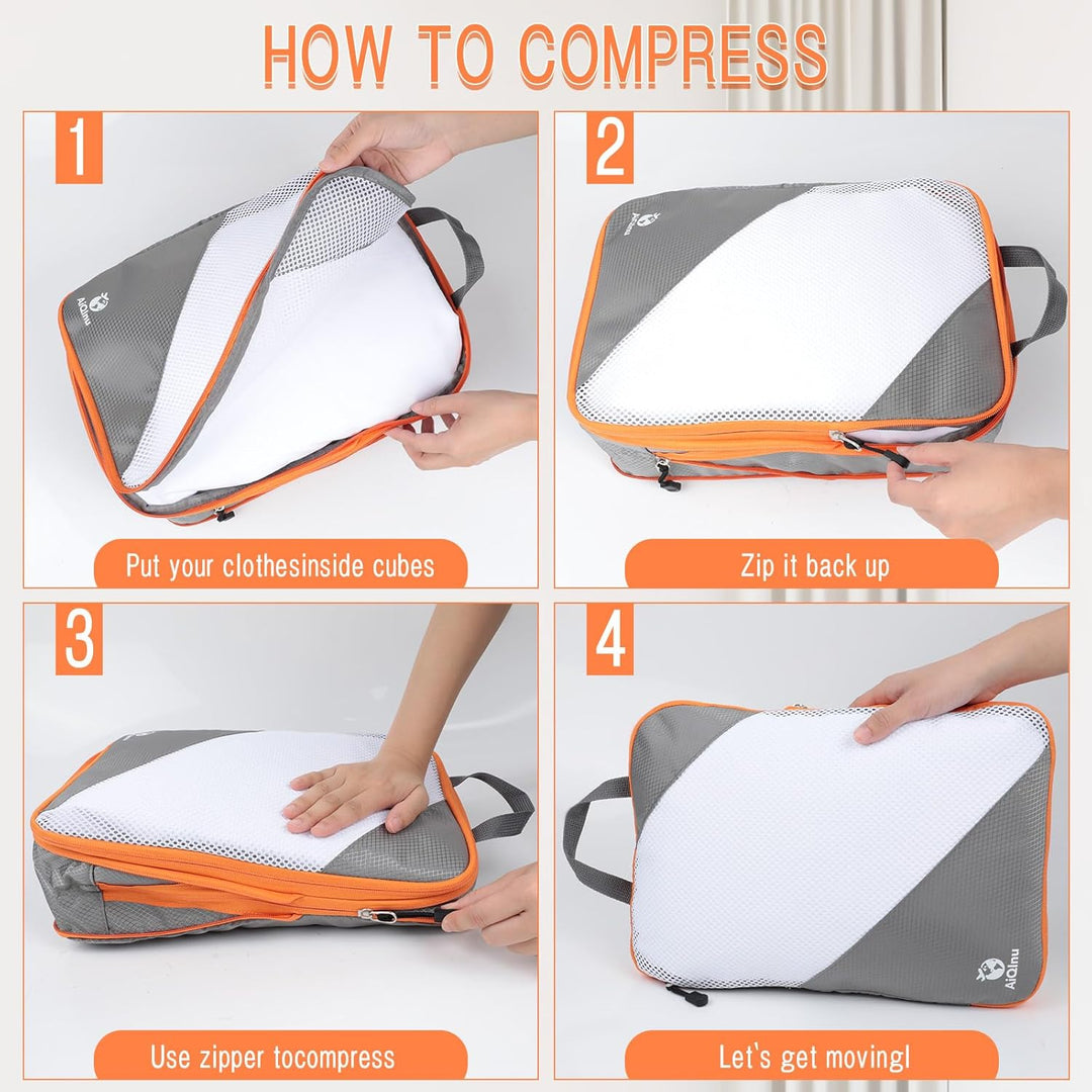 AiQInu Packing Cubes Compression, 5 Stück Packtaschen Kompression Koffer Organizer Set mit Wäschebeu