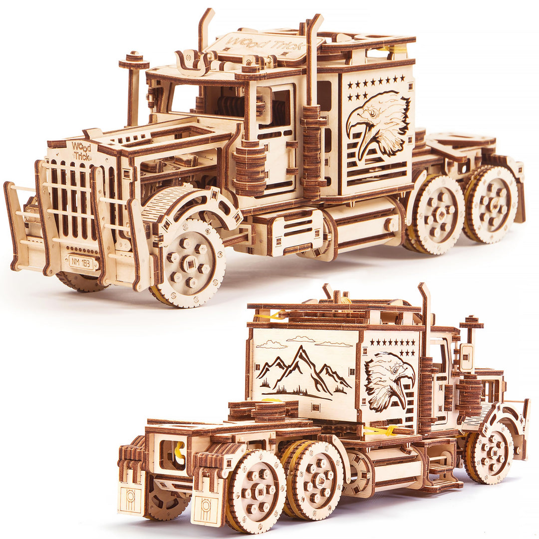Wood Trick Big Rig Mechanischer Spielzeuglastwagen - Leistungsstarker Gummibandmotor - Realistischer