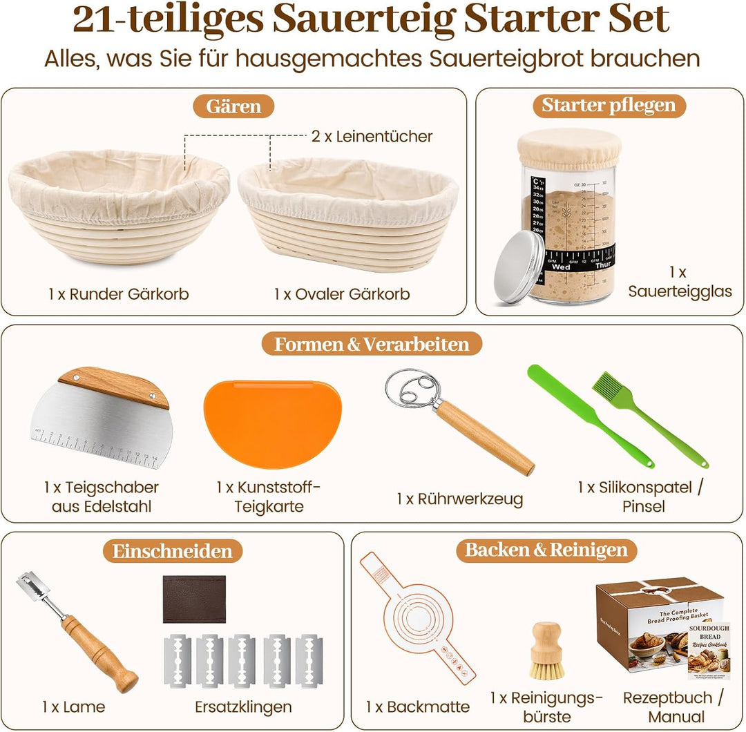 Sauerteig Starter Set, Gärkorb & Sauerteigglas, 21-teilig Gärkorb Brot Set | Brot Backen Zubehör für