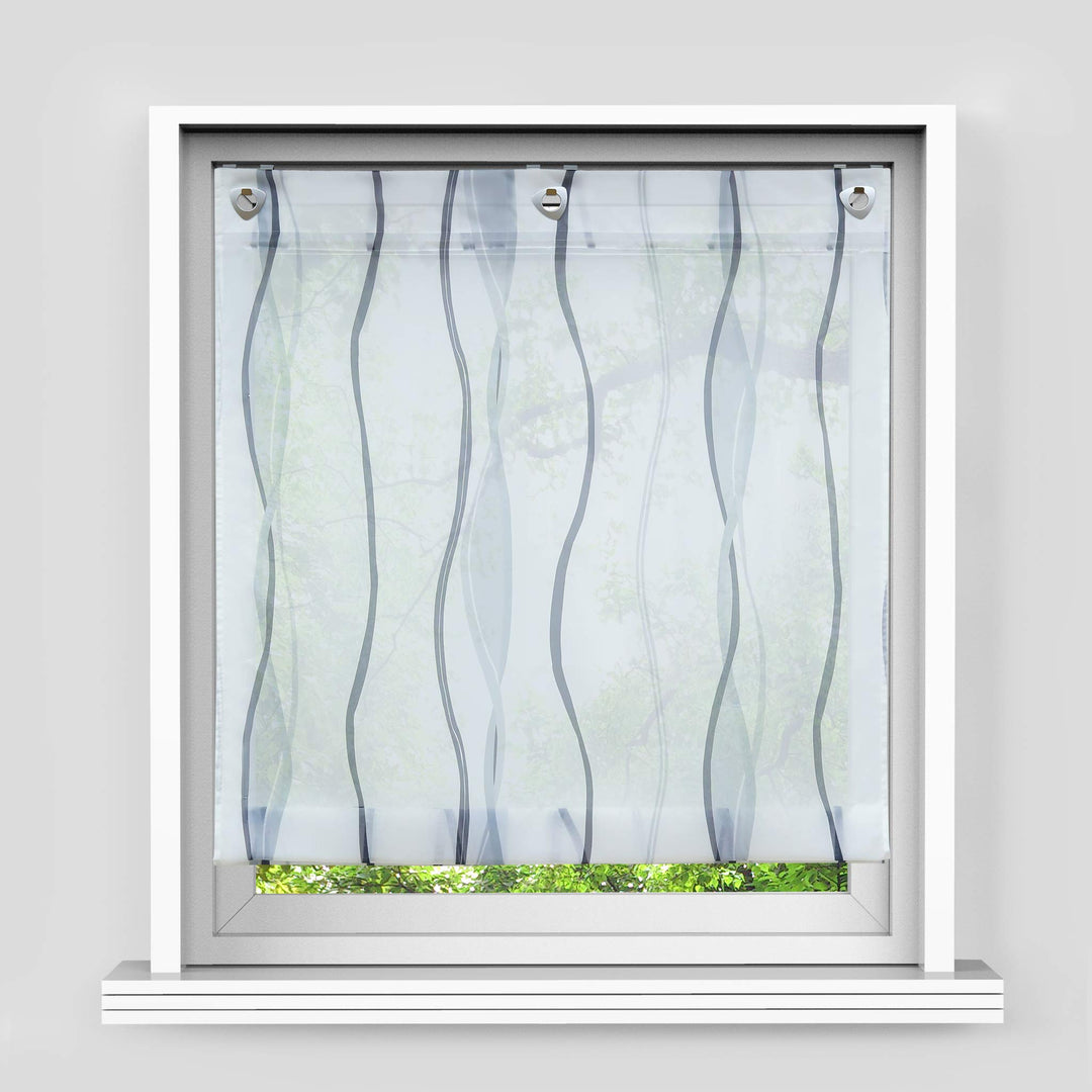 Raffrollo mit Wellen Druck Transparenter Voile Raffgardine Vorhang mit Hakenösen H/B 140/100 cm Weis