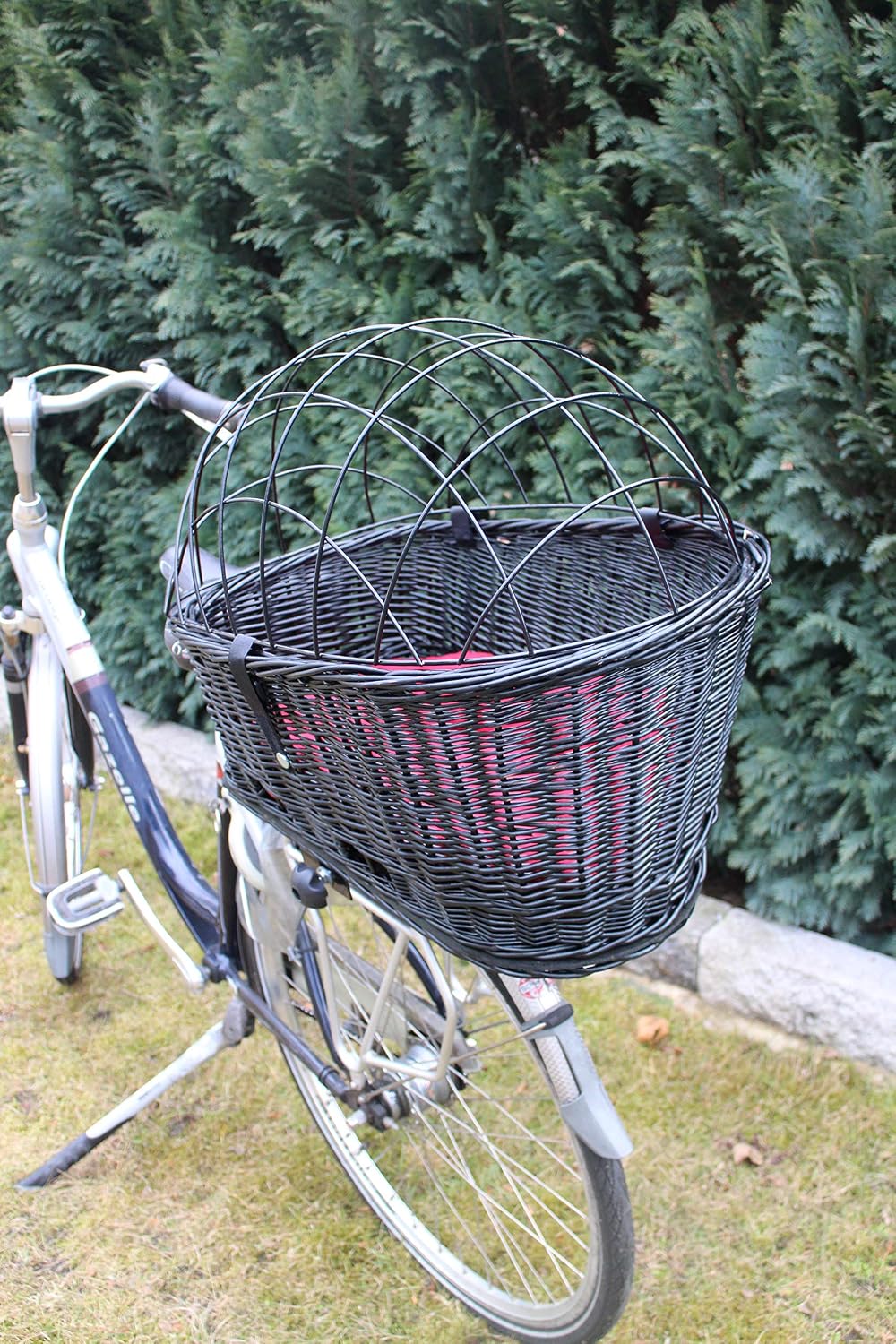 Hundefahrradkorb für Gepäckträger aus Weide mit Metallgitter und Kissen Schwarz XL oder XXL Gepäcktr