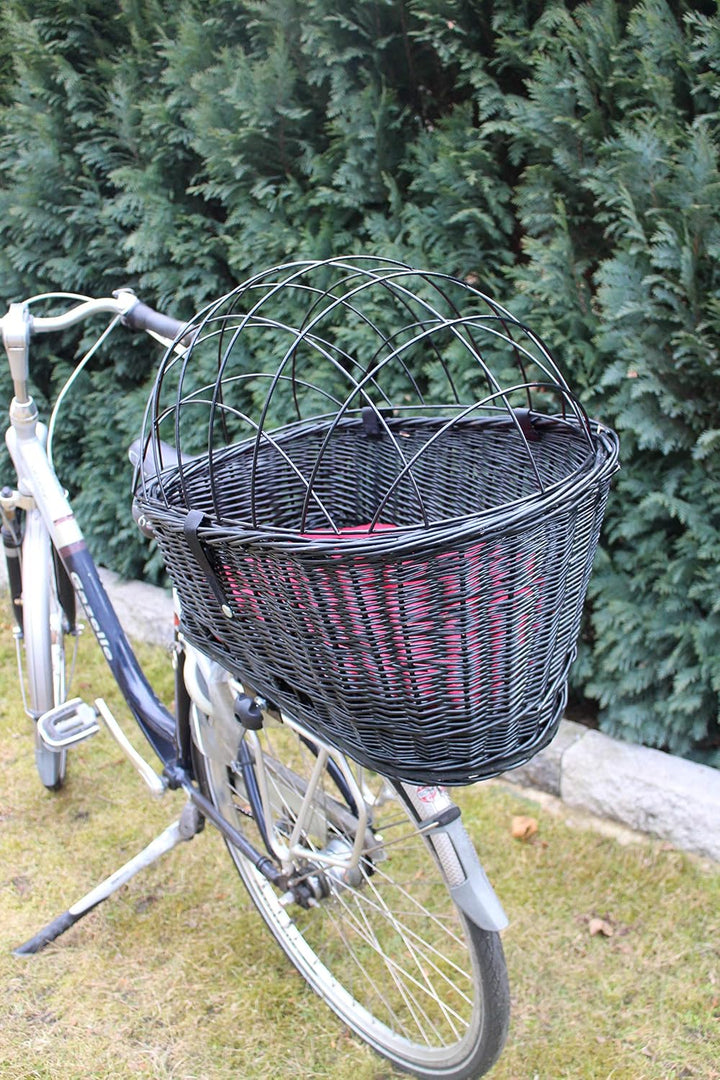 Hundefahrradkorb für Gepäckträger aus Weide mit Metallgitter und Kissen Schwarz XL oder XXL Gepäcktr