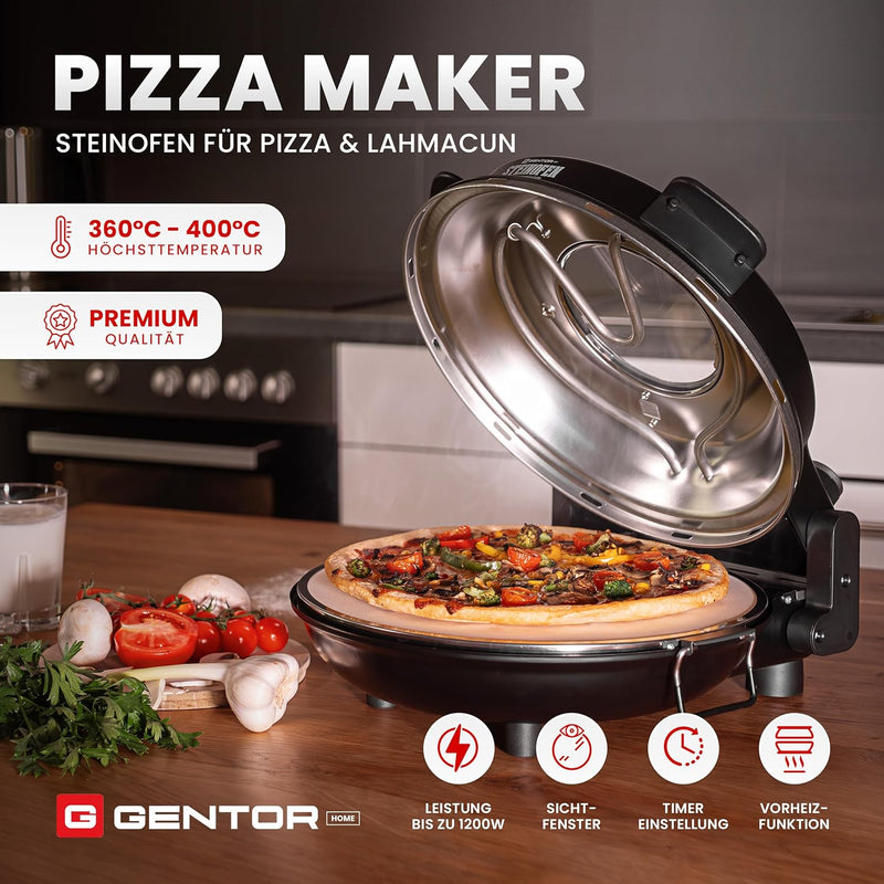 Pizzaofen Pizzamaker Elektrisch mit Pizza-Stein, Leistung 1200 WATT, bis zu 400°C, Steinofen Pizzama