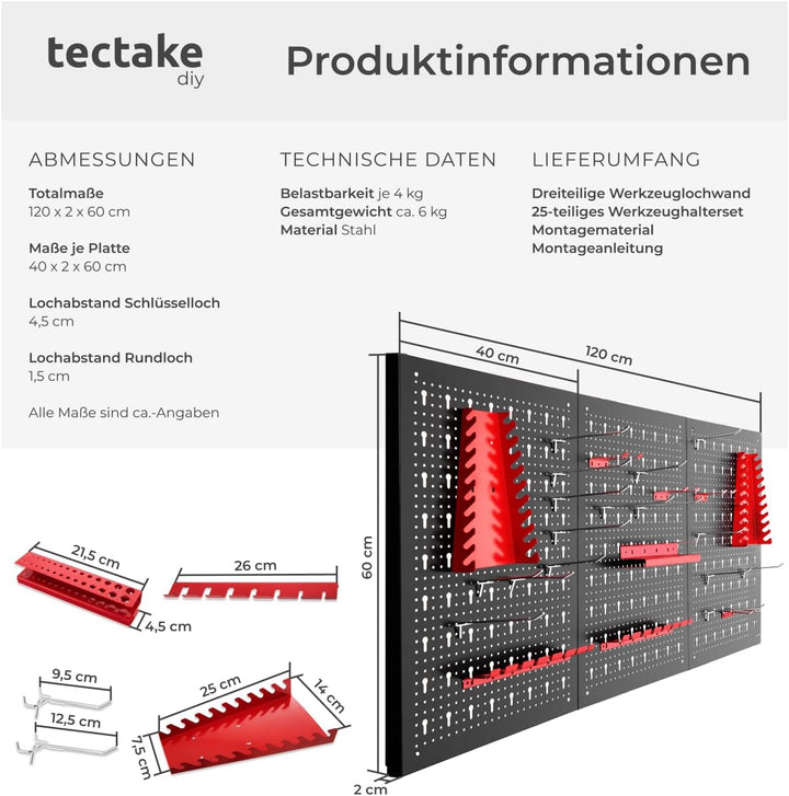 tectake® Werkzeug Lochwand aus Metall, 120 x 60 x 2 cm, Werkzeugwand Lochplatte, inkl. Werkzeughalte