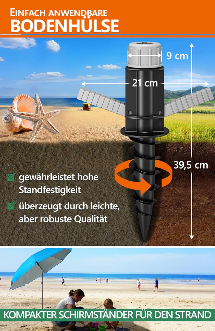 4smile Sonnenschirm Strand SunnyJoy 3-IN-1-SET, Fb. Blau - Strandschirm Ø 180 cm + Bodenhülse + Schu