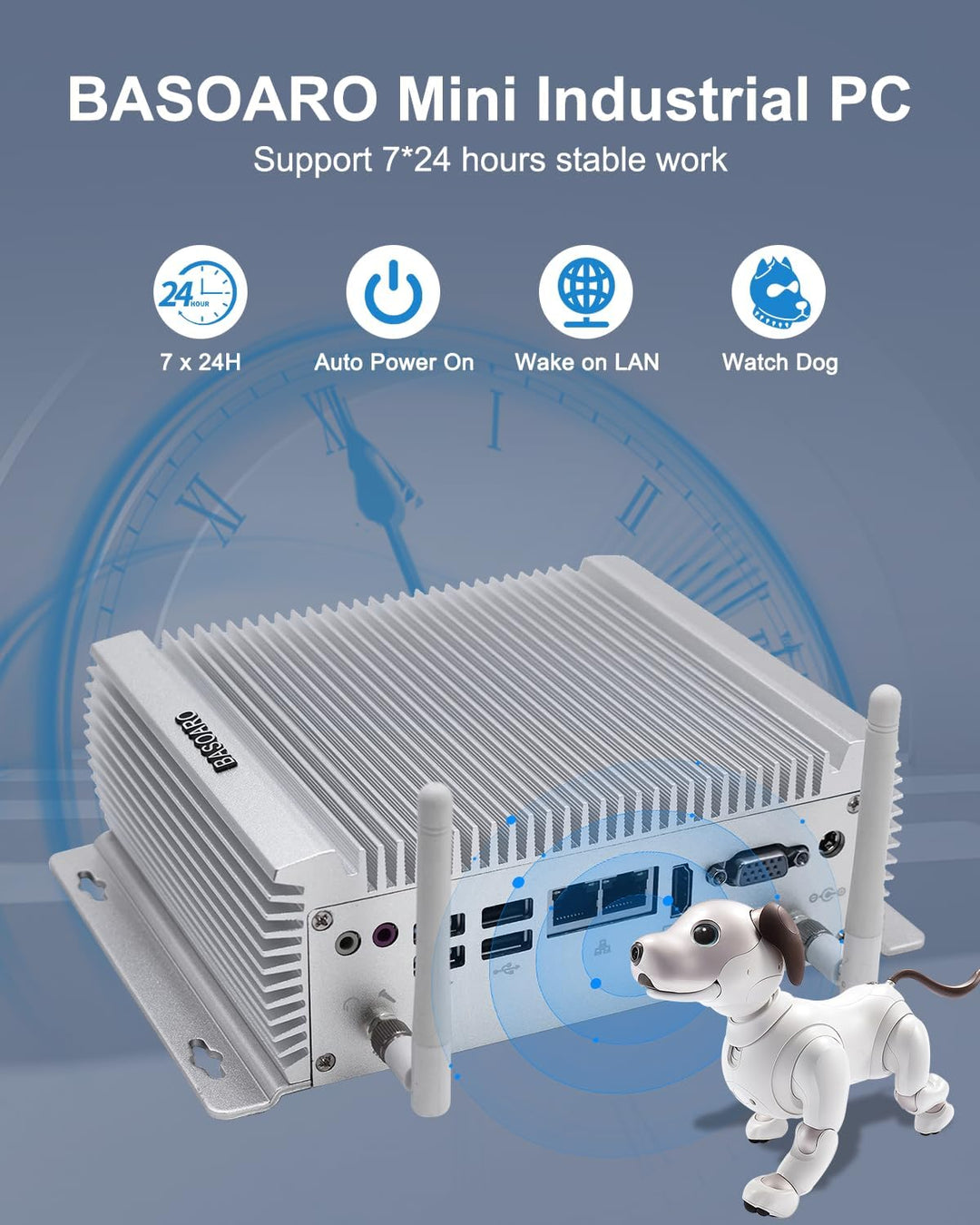 BASOARO Industrie Mini PC Windows 10, lüfterloser Desktop PC, Core i7 4500U, 8GB RAM 256GB SSD, 2 Gi