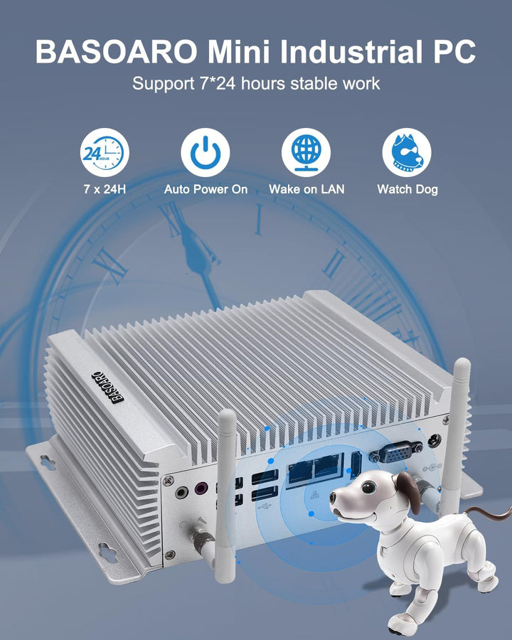 BASOARO Industrie Mini PC Windows 10, lüfterloser Desktop PC, Core i7 4500U, 8GB RAM 256GB SSD, 2 Gi