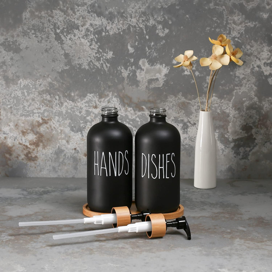 MOMEEMO Glas Seifenspender Set, Enthält Glas Handseifenspender und Glas Dish Seifenspender Matt Schw
