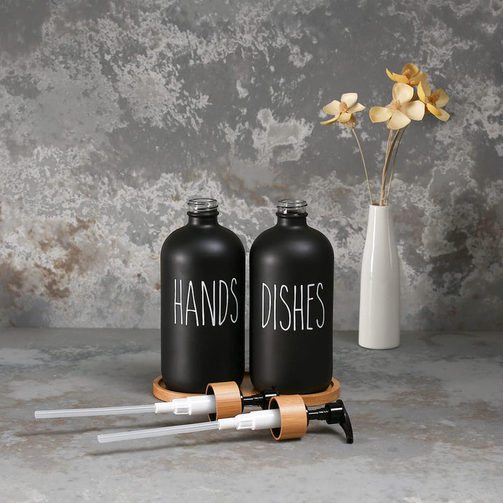 MOMEEMO Glas Seifenspender Set, Enthält Glas Handseifenspender und Glas Dish Seifenspender Matt Schw