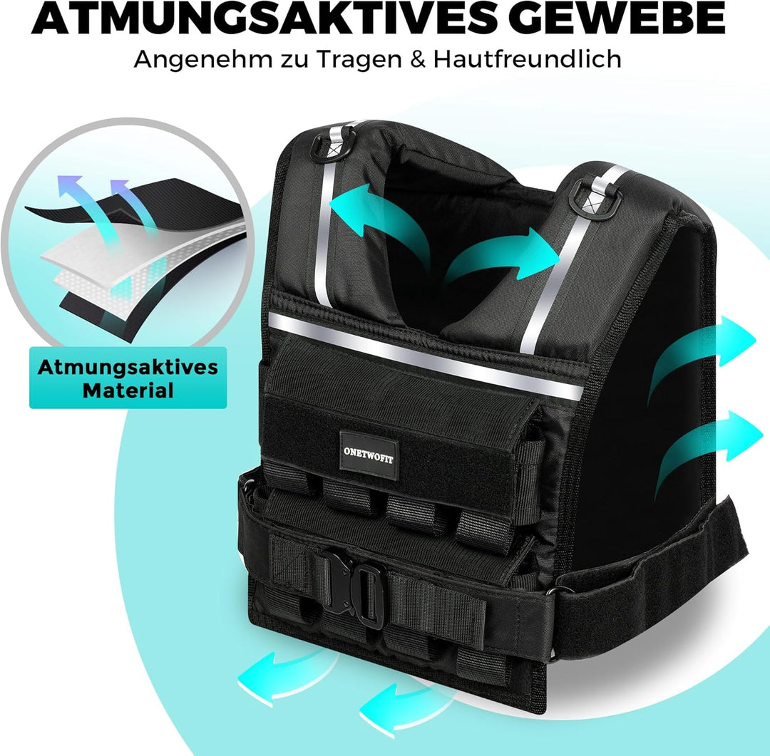 ONETWOFIT Verstellbare Gewichtsweste für Herren 20kg,Weighted Vest Ruckwesten zum Gehen mit Reissver