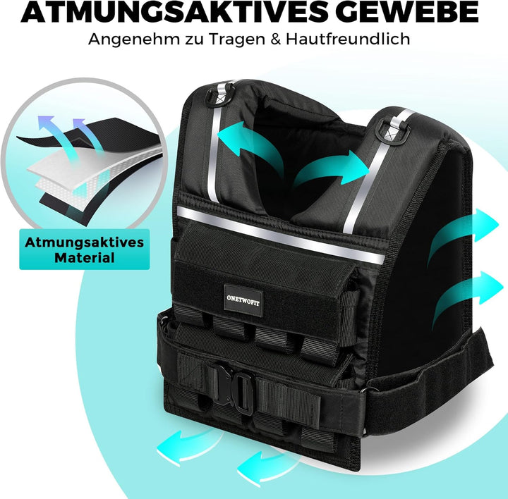 ONETWOFIT Verstellbare Gewichtsweste für Herren 20kg,Weighted Vest Ruckwesten zum Gehen mit Reissver