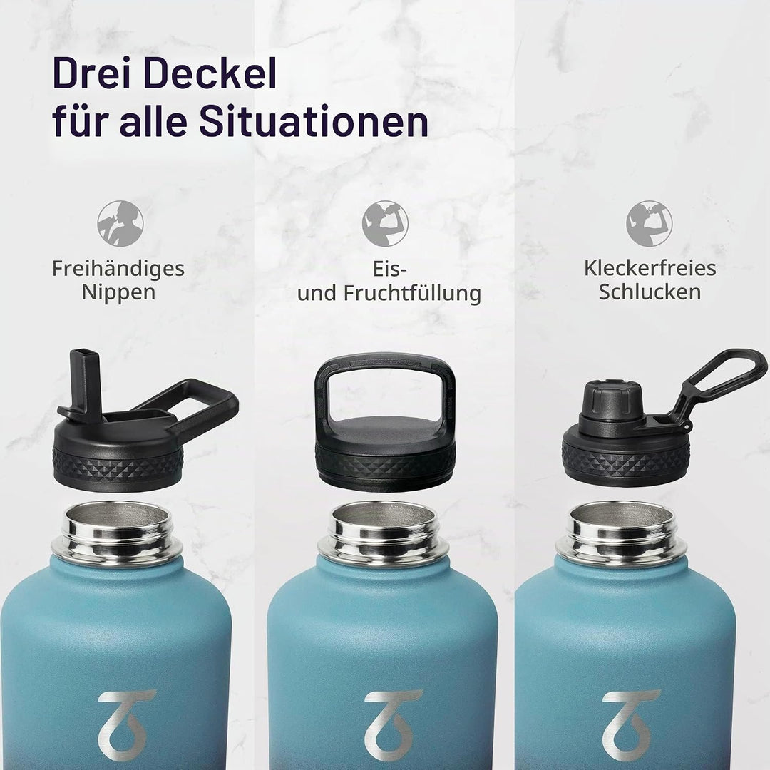Thermosflasche mit Strohhalm 2L, Trebo Trinkflasche Edelstahl mit Paracord-Griff & 3 Deckeln, Edelst
