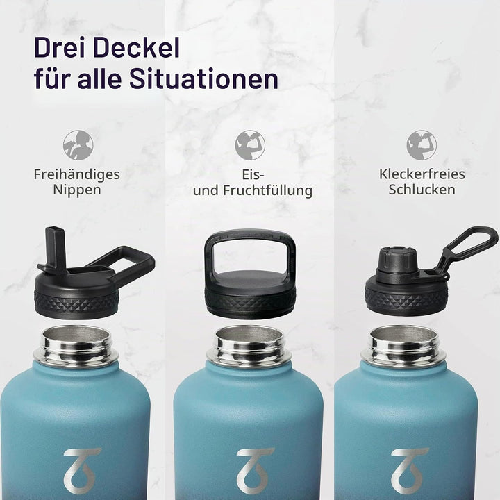 Thermosflasche mit Strohhalm 2L, Trebo Trinkflasche Edelstahl mit Paracord-Griff & 3 Deckeln, Edelst