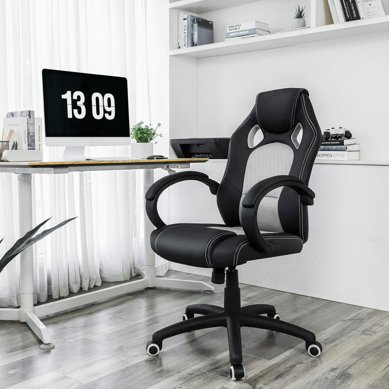 SONGMICS Racing Stuhl Bürostuhl Gaming Stuhl Chefsessel Drehstuhl PU, schwarz-grau, OBG56BG, 70*66.5