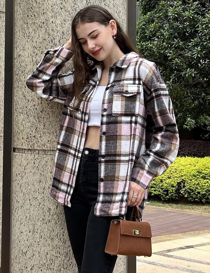 Zeagoo Damen Hemdjacke Karierte Hemdbluse Langarm Loose Shacket Flanell Jacke mit Knöpfen Übergangsj
