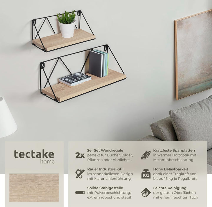 tectake® Industrial Wandregal Holz, 2er Set Regal Wand, Regale, Hängeregal, für Deko Wohnzimmer, Sch