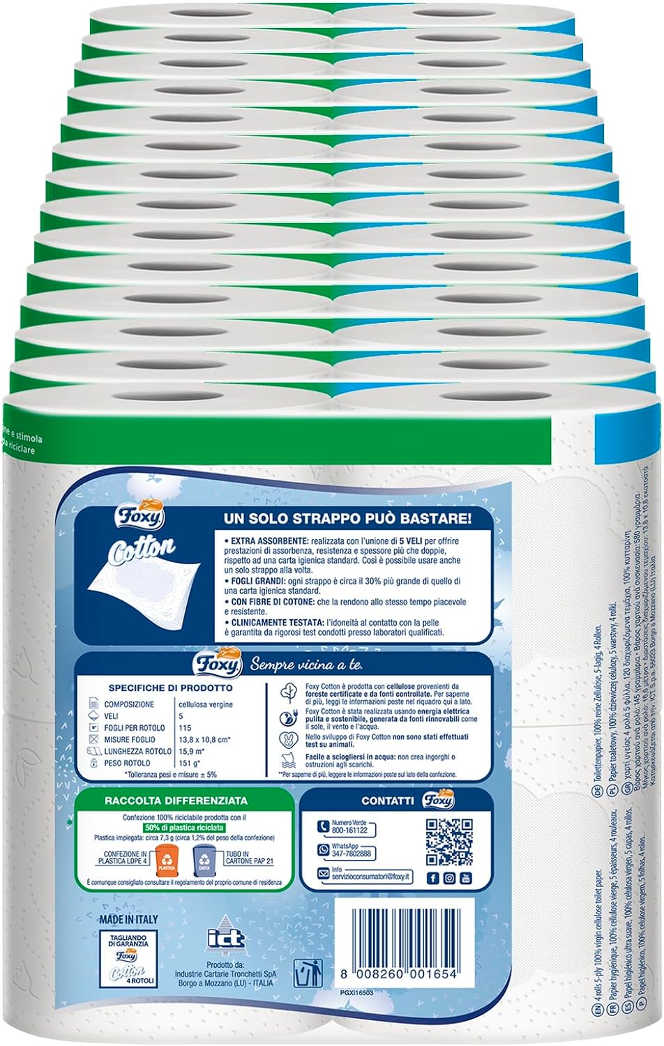 Foxy Baumwolle, Toilettenpapier, 5 Schleier, 56 Rollen, 120 Rollen, extra grosse Blätter, mit echten