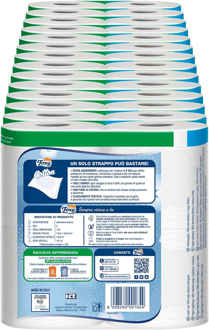 Foxy Baumwolle, Toilettenpapier, 5 Schleier, 56 Rollen, 120 Rollen, extra grosse Blätter, mit echten