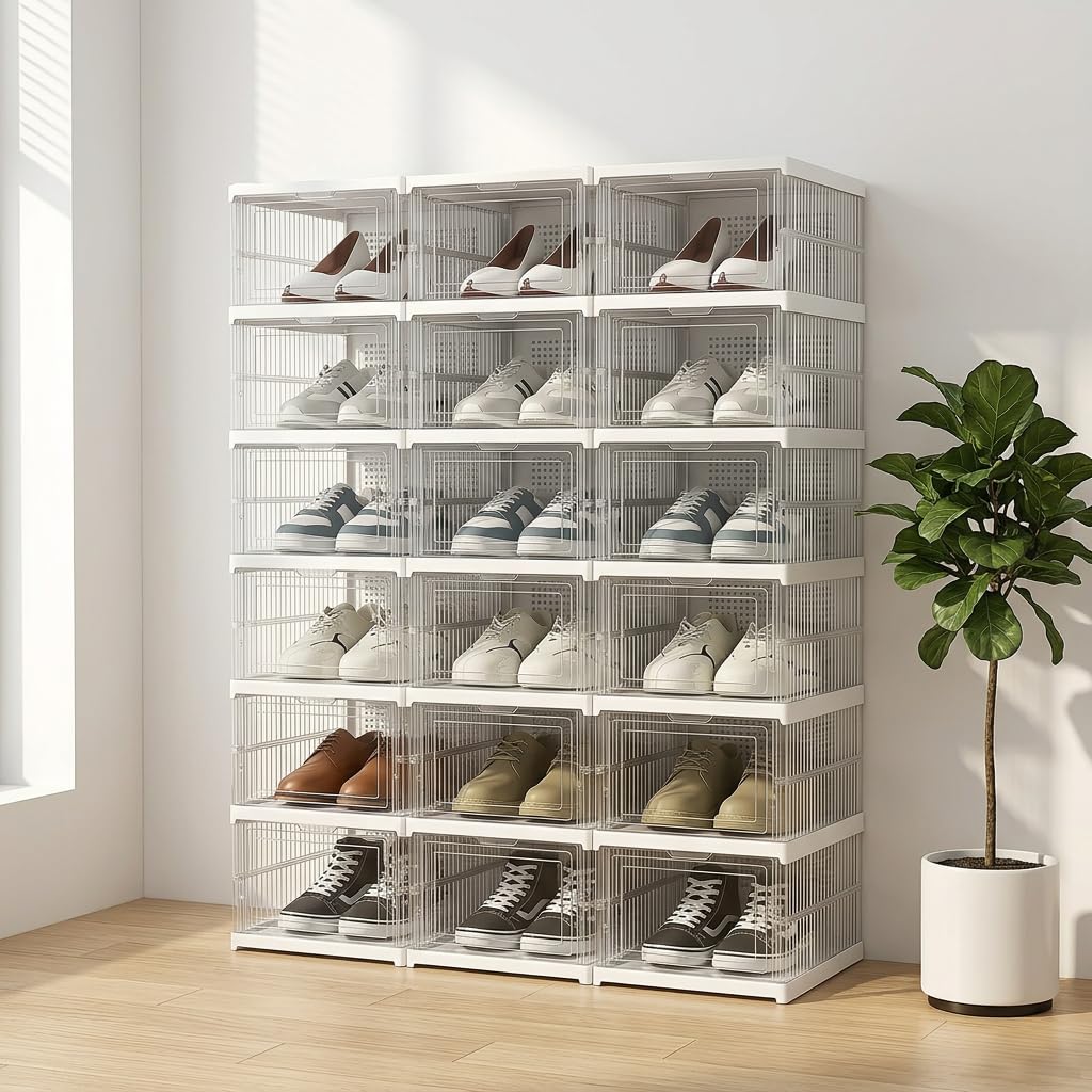 Schuhboxen Stapelbar, 18 Ebenen, Transparent, Faltbar, Dickem Kunststoff, für Sneaker bis Grösse 46,