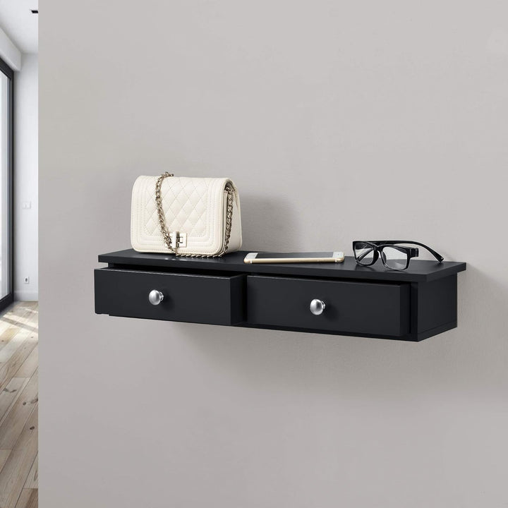 [en.casa] Wandregal mit 2 Schubladen Regal 10x60x15cm Ablage bis 15 kg Hängeregal MDF Schwarz, Schwa