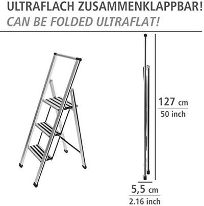 WENKO Leichte Aluminium Trittleiter mit 3 Stufen für 75 cm höheren Stand, rutschsichere XXL-Stufen,