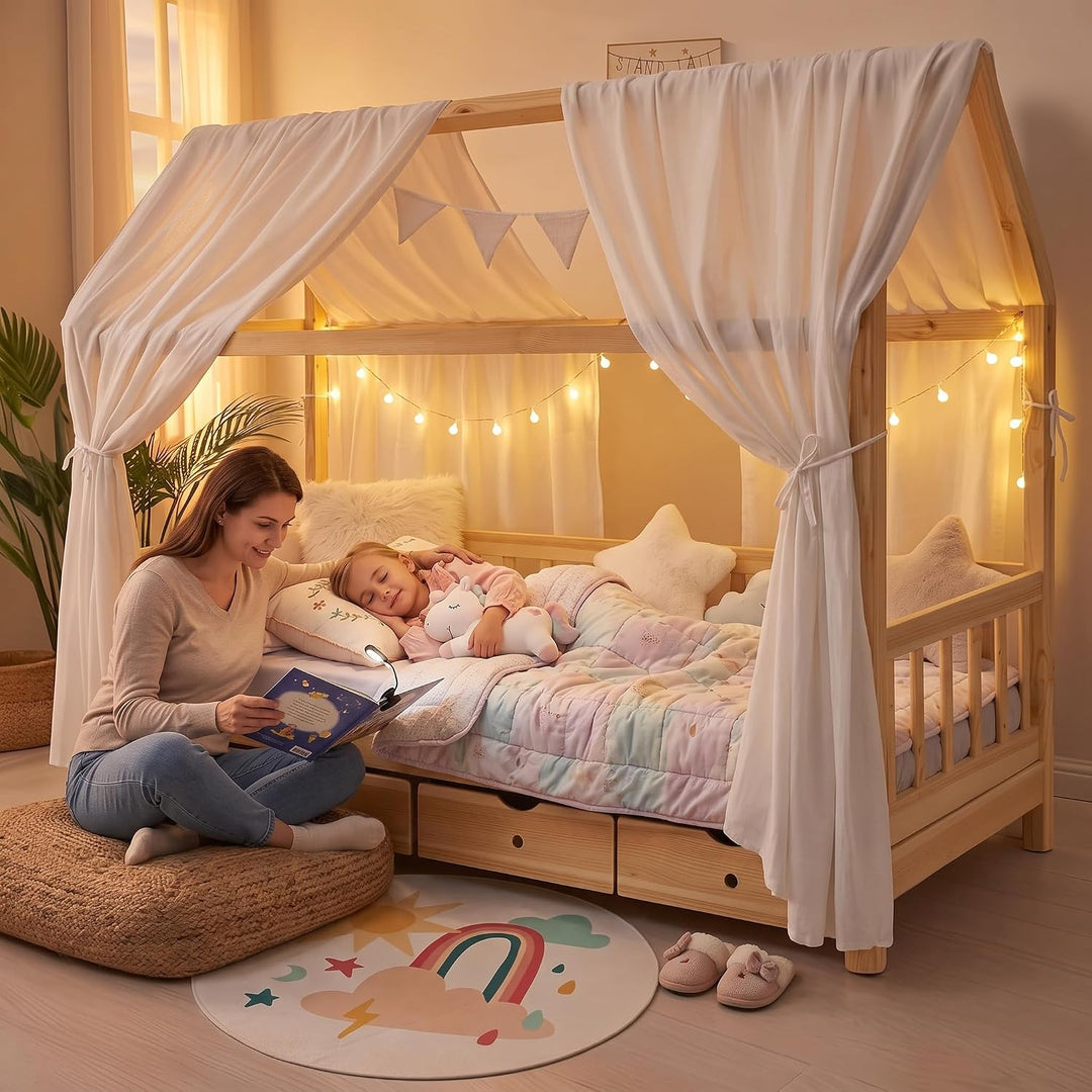 iLuane Hausbett Himmel Deko - 3PCS Betthimmel Hausbett Set, 100% Baumwolle Musselin Vorhang - Hausbe