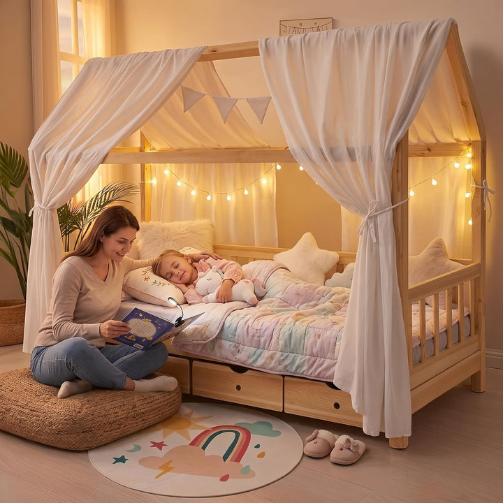 iLuane Hausbett Himmel Deko - 3PCS Betthimmel Hausbett Set, 100% Baumwolle Musselin Vorhang - Hausbe