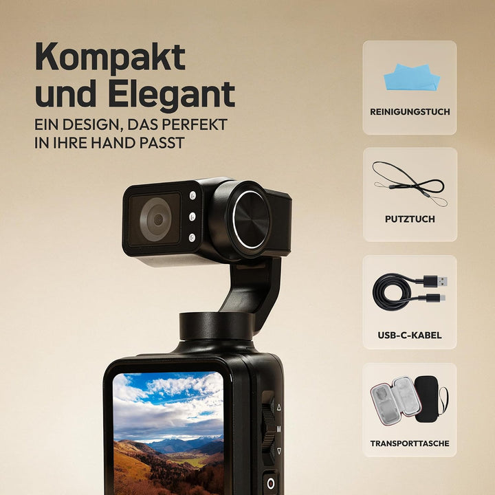 AGFA Photo Gimbal Realimove MC3X - Caméra Stabilisateur 3 Axes 4K Ultra HD, Écran Tactile Rotatif 3,