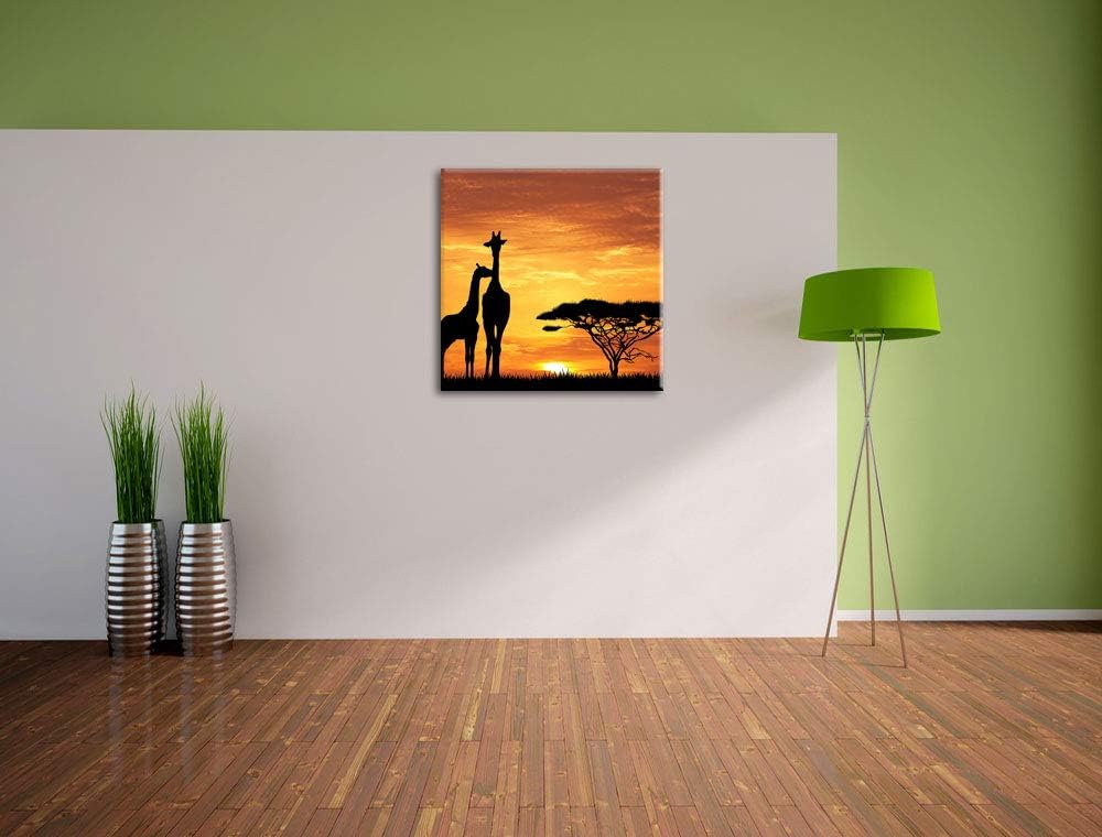 Pixxprint Giraffen im Sonnenuntergang als Leinwandbild Quadratisch | Grösse: 70x70 | Wandbild| Kunst