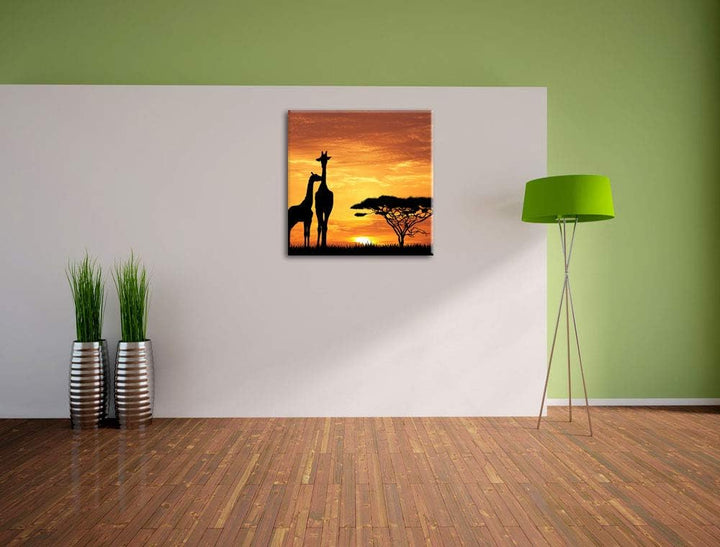 Pixxprint Giraffen im Sonnenuntergang als Leinwandbild Quadratisch | Grösse: 70x70 | Wandbild| Kunst