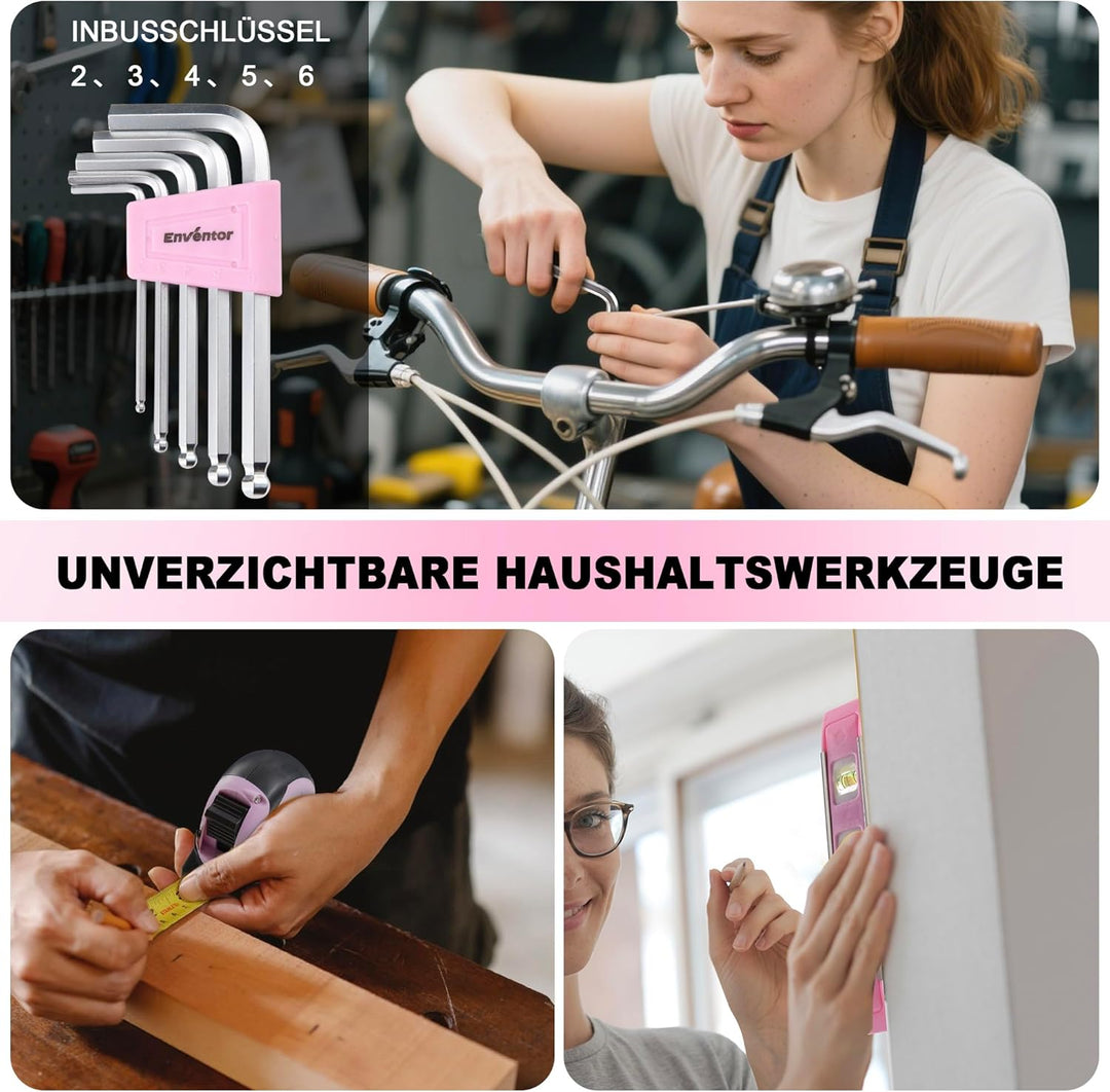 ENVENTOR Kleiner Werkzeugkoffer für Frauen, Haushalts Werkzeug-Set, Werkzeugkasten Rosa, Universal K